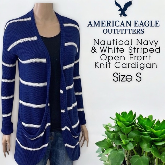 American Eagle Outfitters Nautical Navy & White Striped Open Front Knit Cardigan - Picture 16 of 16